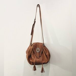 Vintage Brown Leather Floral Boho Crossbody Western Buckle Bucket Bag Purse